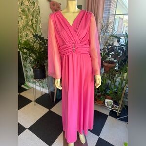 Vintage 60s Union Made Pink Floor-Length Gown Mesh Sleeves Size 20